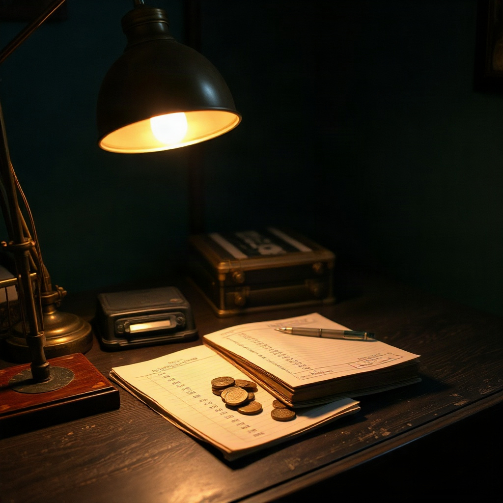 Ledger and coins on a desk